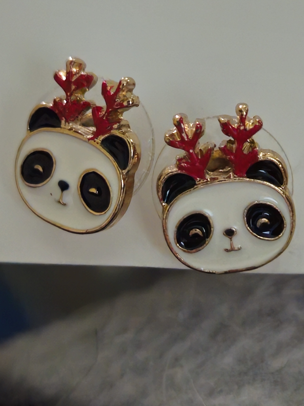 Hand Crafted Red Black White Panda Stud Earrings + Clear Stone Earrings